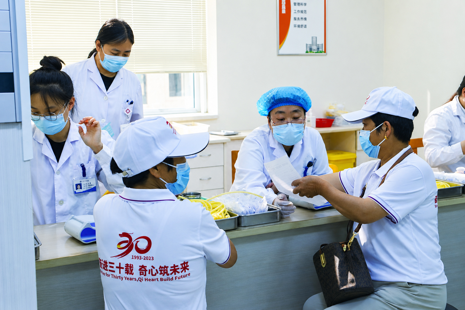Medical staff providing health checks for employees' parents