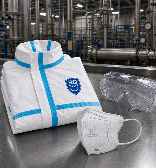 SAN QI MEDICAL protective clothing, respirator and eye protection production display