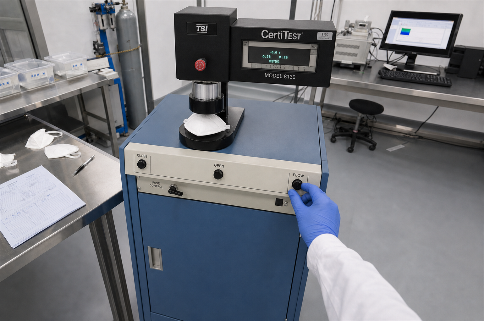 Mask performance testing equipment with 8130 control panel in the Sanqi laboratory